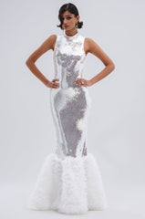 BELLE OF THE BALL SEQUIN RUFFLE MAXI DRESS IN WHITE