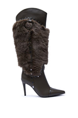 AZALEA WANG ALISETTE OLIVE STILETTO LEATHER FUR BOOT