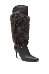 AZALEA WANG ALISETTE OLIVE STILETTO LEATHER FUR BOOT