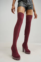AZALEA WANG ASHLAND BURGUNDY FAUX SUEDE THIGH HIGH BLOCK BOOT