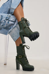 AZALEA WANG BARREL GREEN PU LUG SOLE BOOTIE