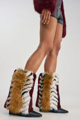 AZALEA WANG BRIASH BURGUNDY MULTI FUR WEDGE BOOTIE