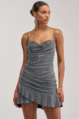 DISCO LINES METALLIC RUFFLE MINI DRESS IN GUNMETAL GREY