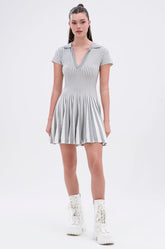 ALINA PLEATED KNIT FIT AND FLARE MINI DRESS