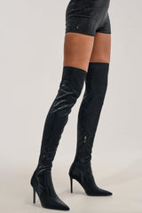 AZALEA WANG INGENUE BLACK SNAKE OVER THE KNEE STRETCH PU STILETTO BOOT