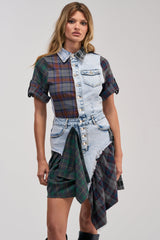 ATTENTION PLEASE DENIM AND PLAID MINI DRESS