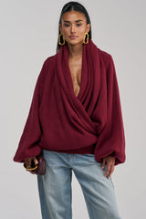 CRAZY FOR YOU CROSS FRONT SWEATER IN BURGUNDY
