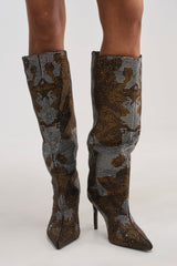 AZALEA WANG ORIEL BRONZE MULTI PRINT RHINESTONE STILETTO BOOT