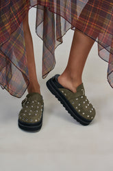 AZALEA WANG PETUNIA OLIVE HARDWARE EMBELLISHED FLATFORM CLOG