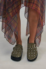 AZALEA WANG PETUNIA OLIVE HARDWARE EMBELLISHED FLATFORM CLOG