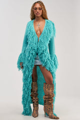 BURRR IT'S COLD OUTSIDE FRINGE OVERSIZED SWEATER IN TURQUOISE