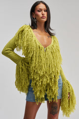 AT YOUR BEST FRINGE CARDIGAN IN CHARTREUSE