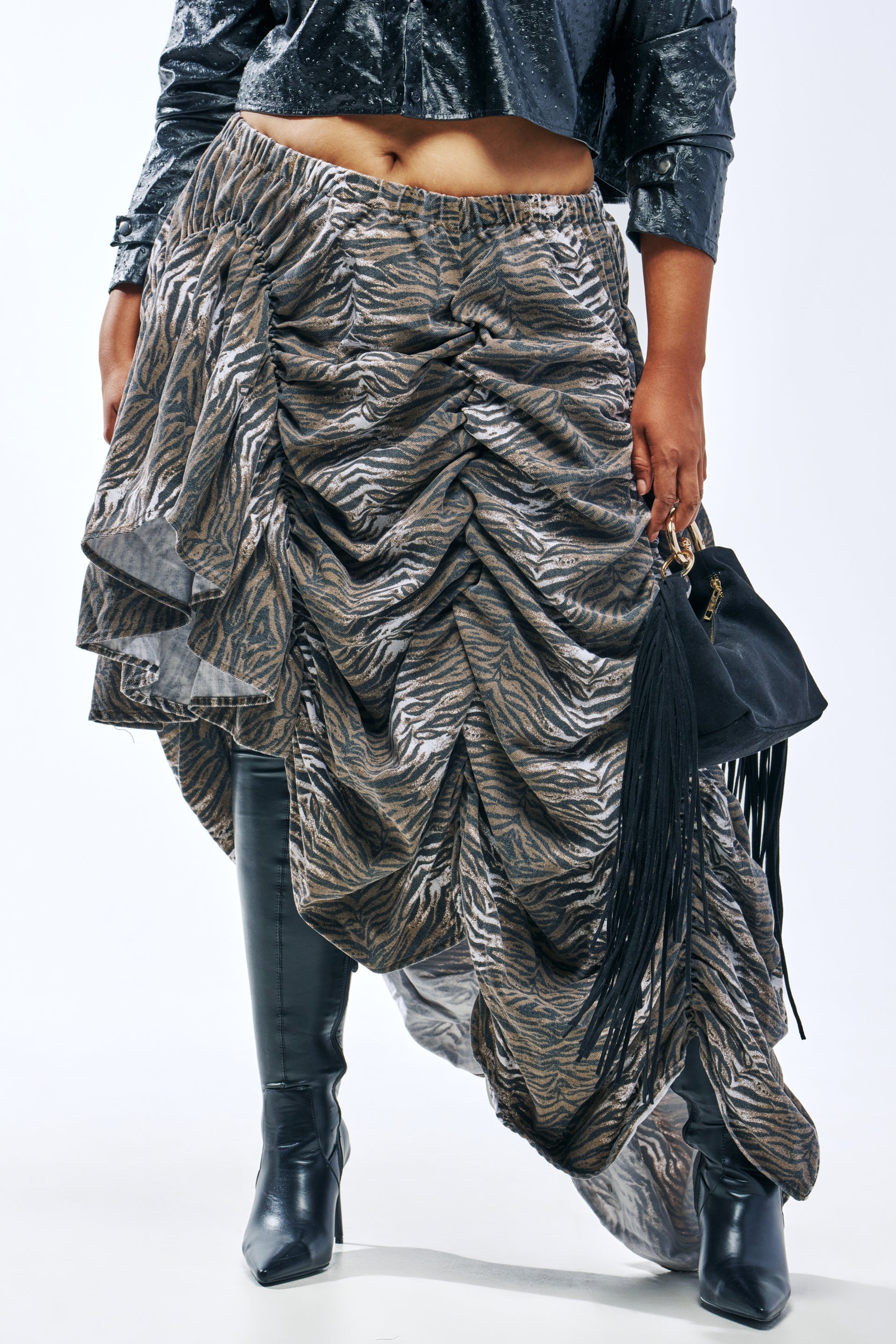 ALL OVER THE PLACE RUCHED MIDI SKIRT