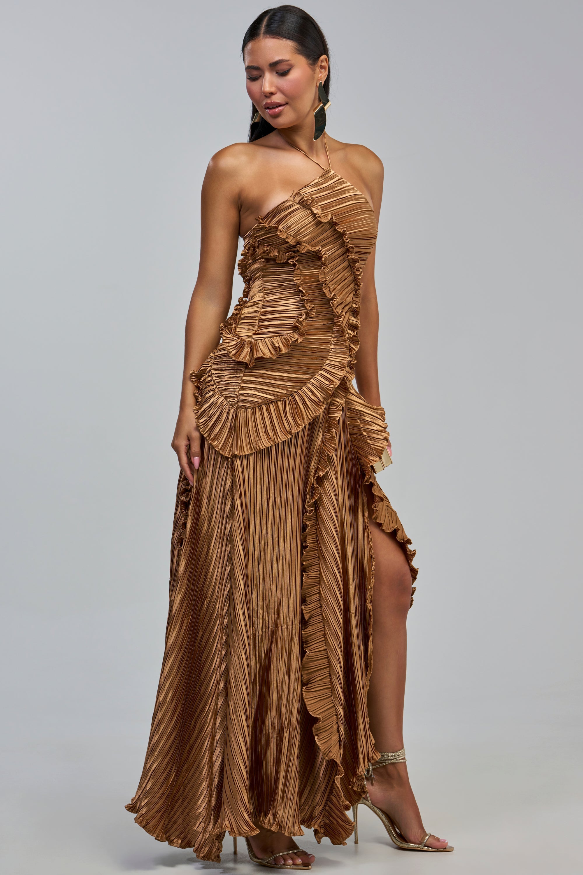 CELESTE RUFFLE MAXI DRESS IN BRONZE