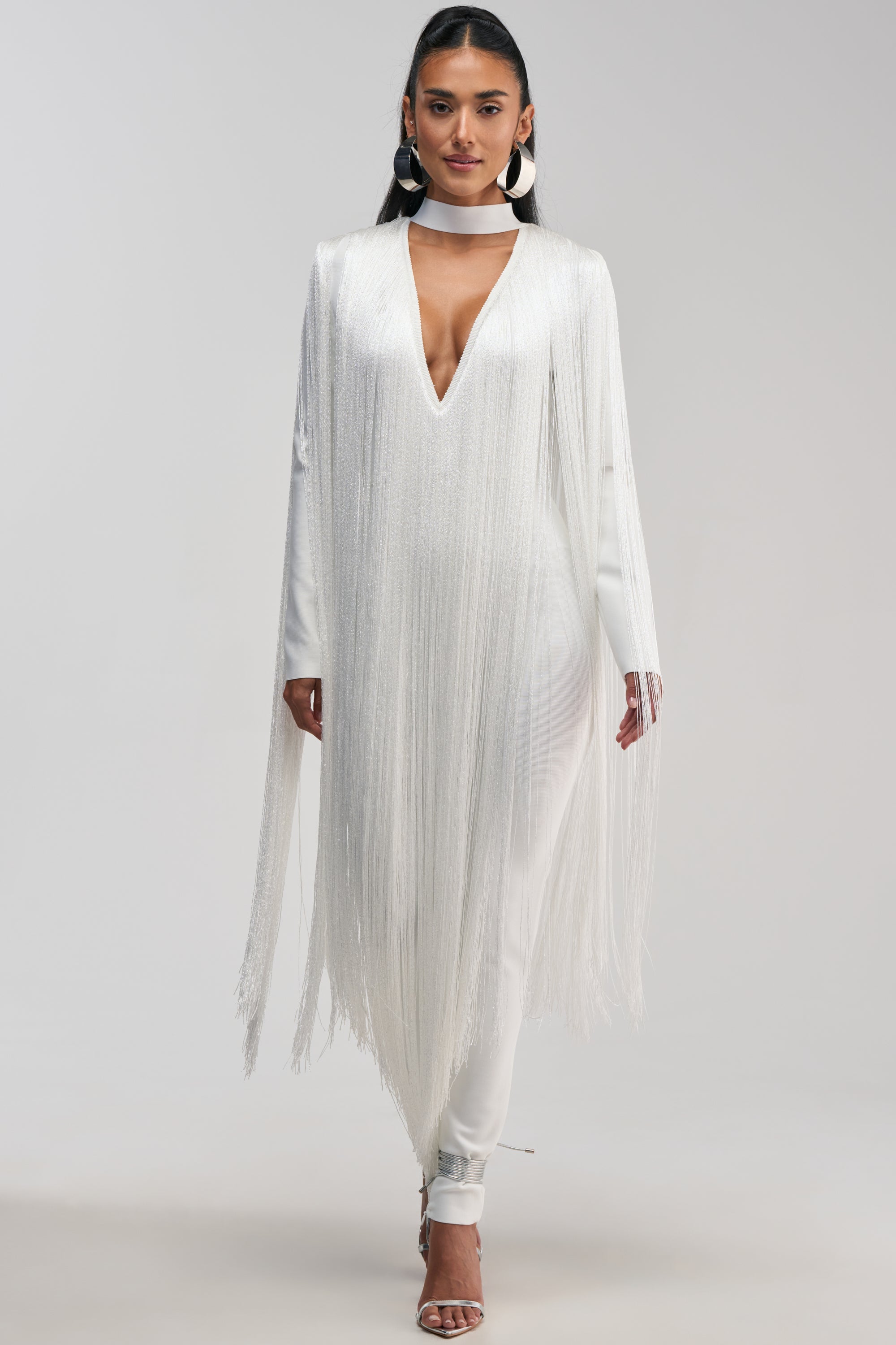 BELLE BANDAGE JUMPSUIT WITH FRINGE IN WHITE