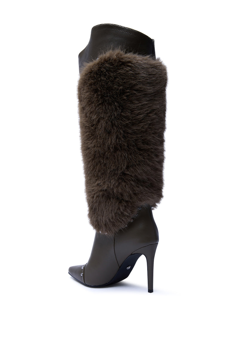 AZALEA WANG ALISETTE OLIVE STILETTO LEATHER FUR BOOT