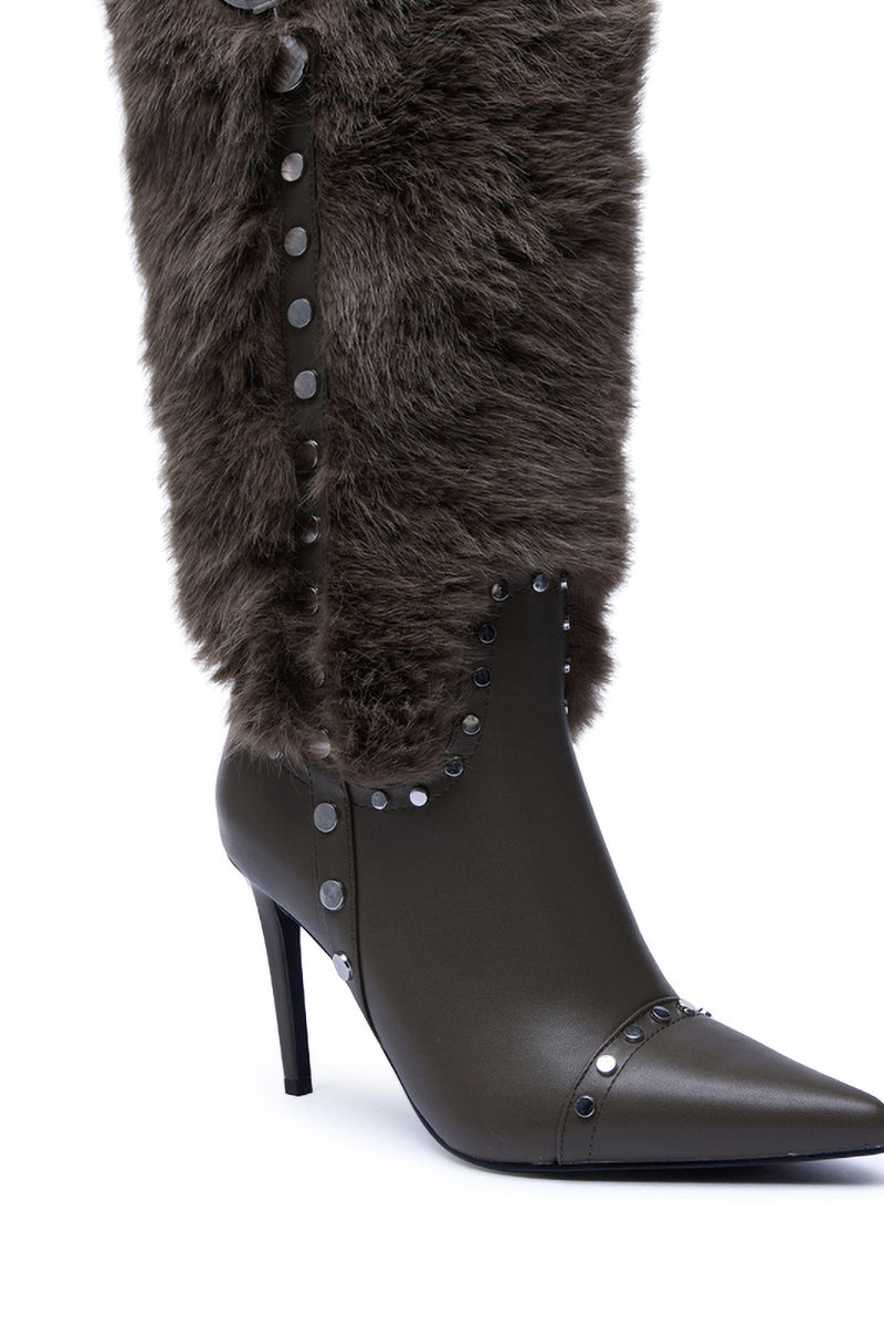 AZALEA WANG ALISETTE OLIVE STILETTO LEATHER FUR BOOT