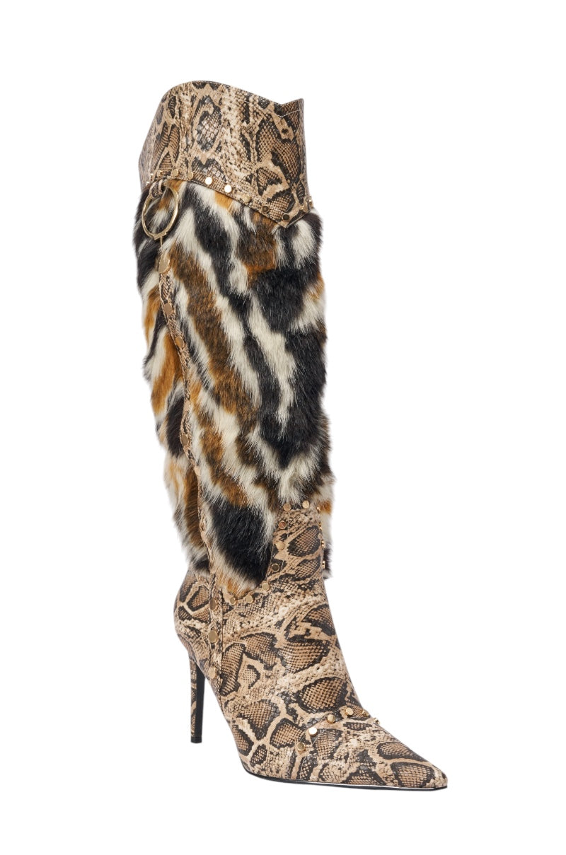 AZALEA WANG ALISETTE SNAKE MULTI FUR STILETTO BOOT