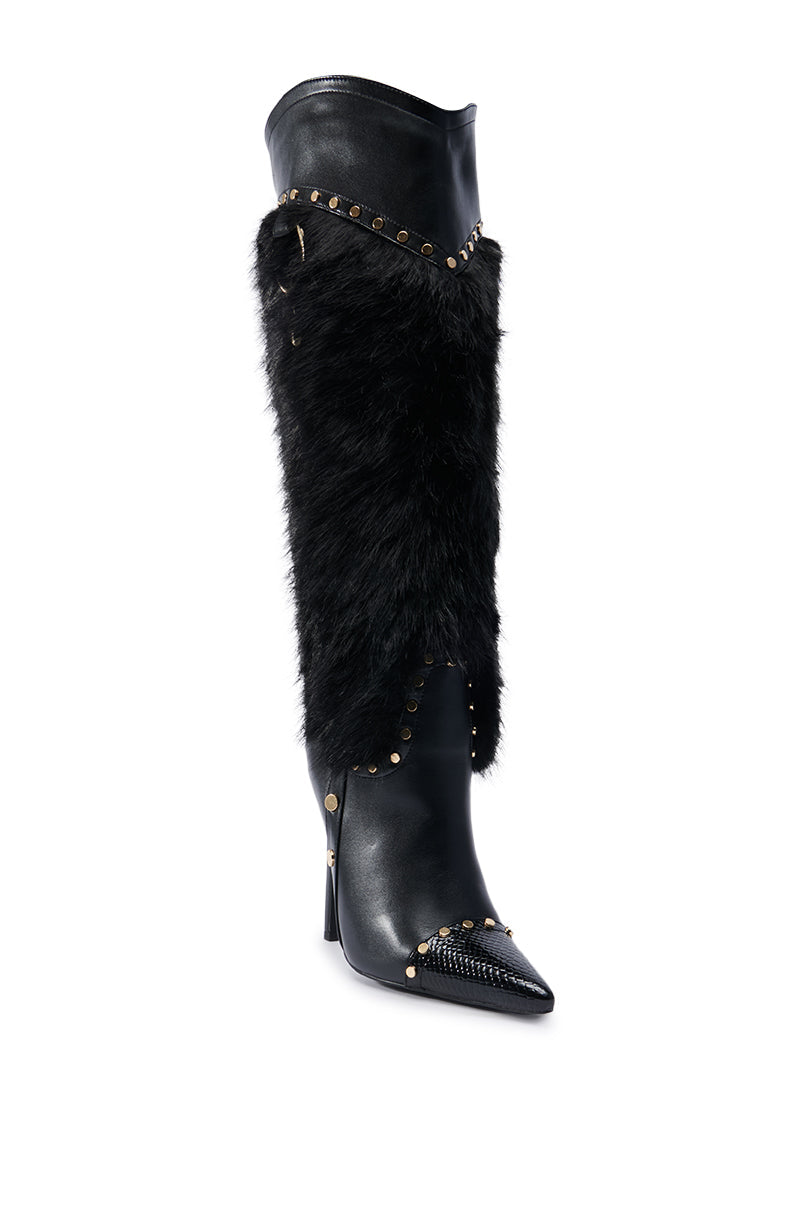 AZALEA WANG ALISTAIR BLACK FUR EMBELLISHED BOOT