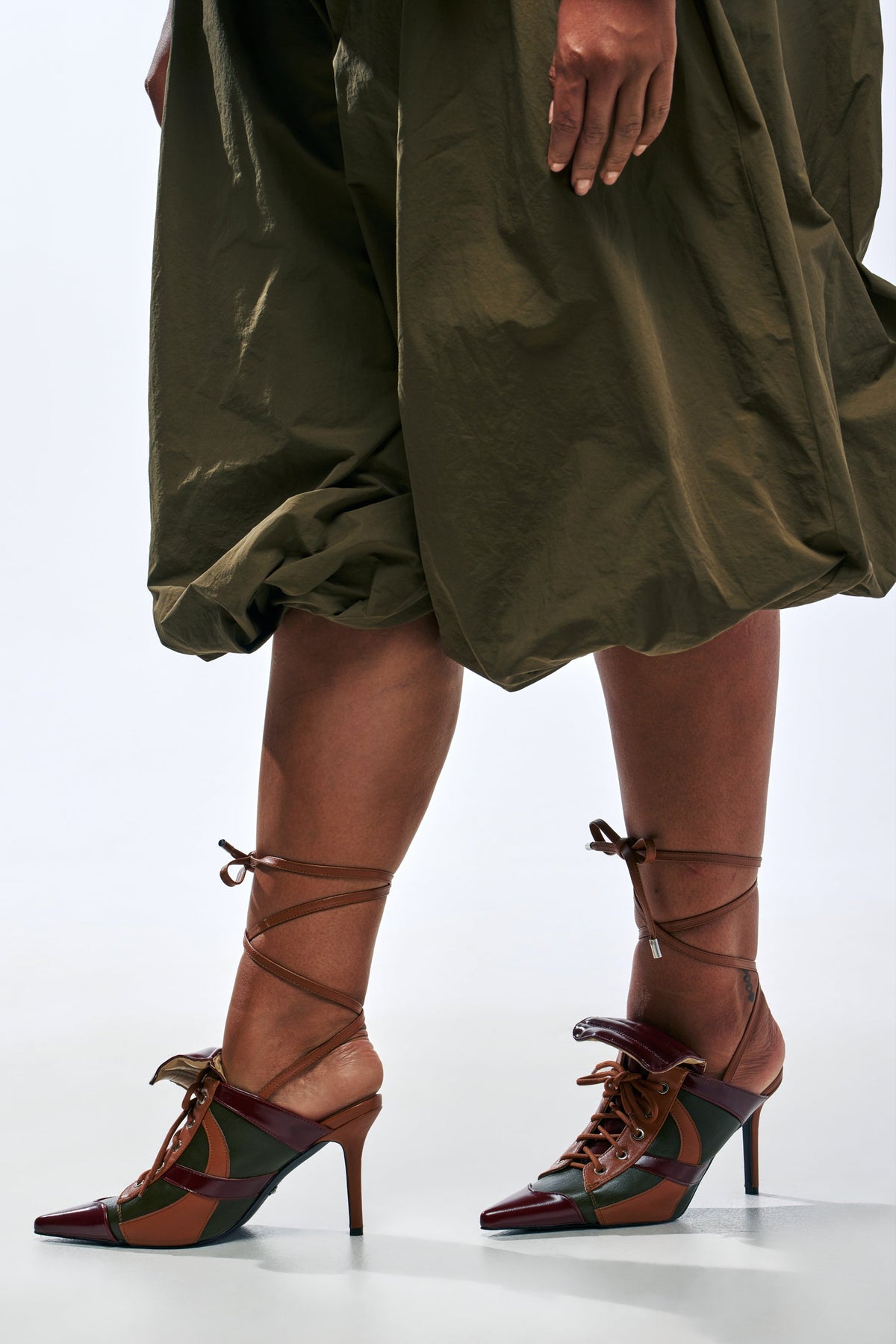 AZALEA WANG AMBRE OLIVE COLORBLOCK MULTI MULE LACE UP STILETTO PUMP
