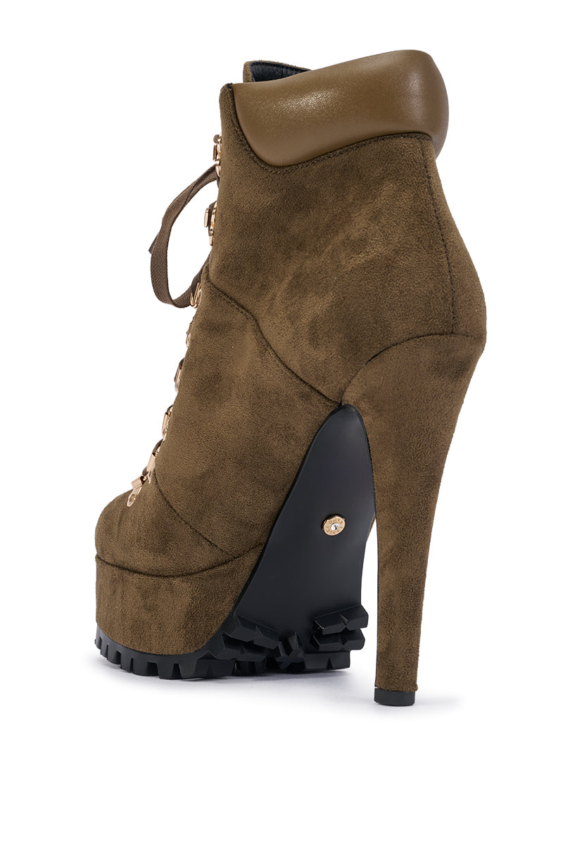 AZALEA WANG ANNELIESE OLIVE FAUX SUEDE PLATFORM STILETTO BOOTIE
