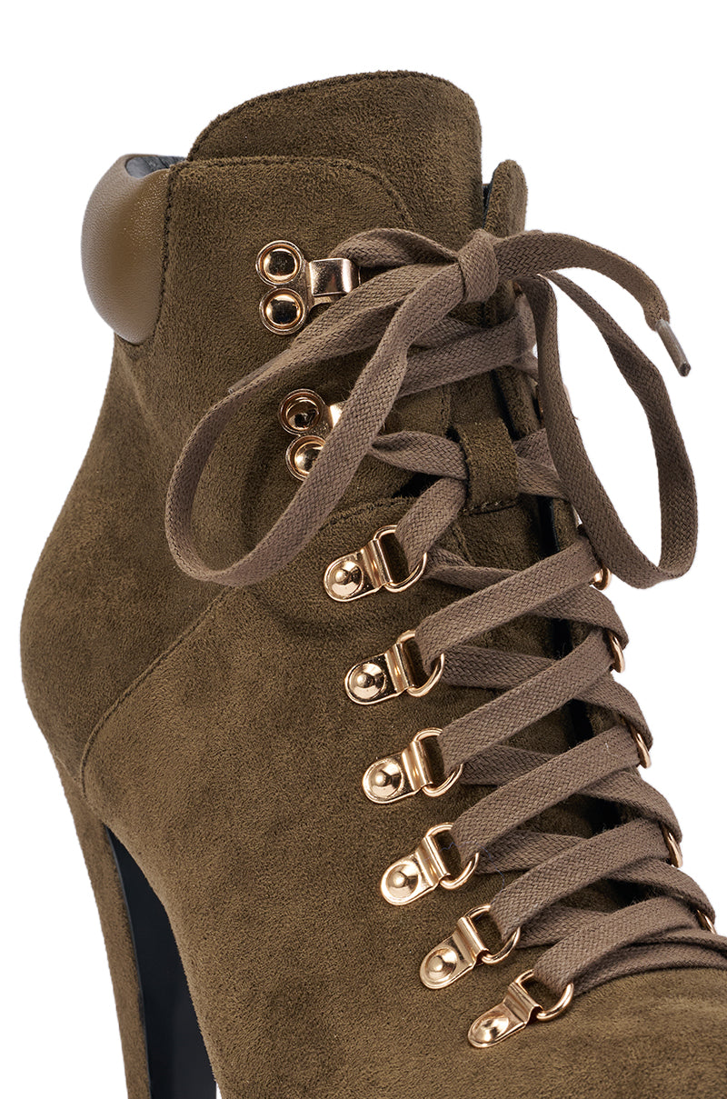 AZALEA WANG ANNELIESE OLIVE FAUX SUEDE PLATFORM STILETTO BOOTIE