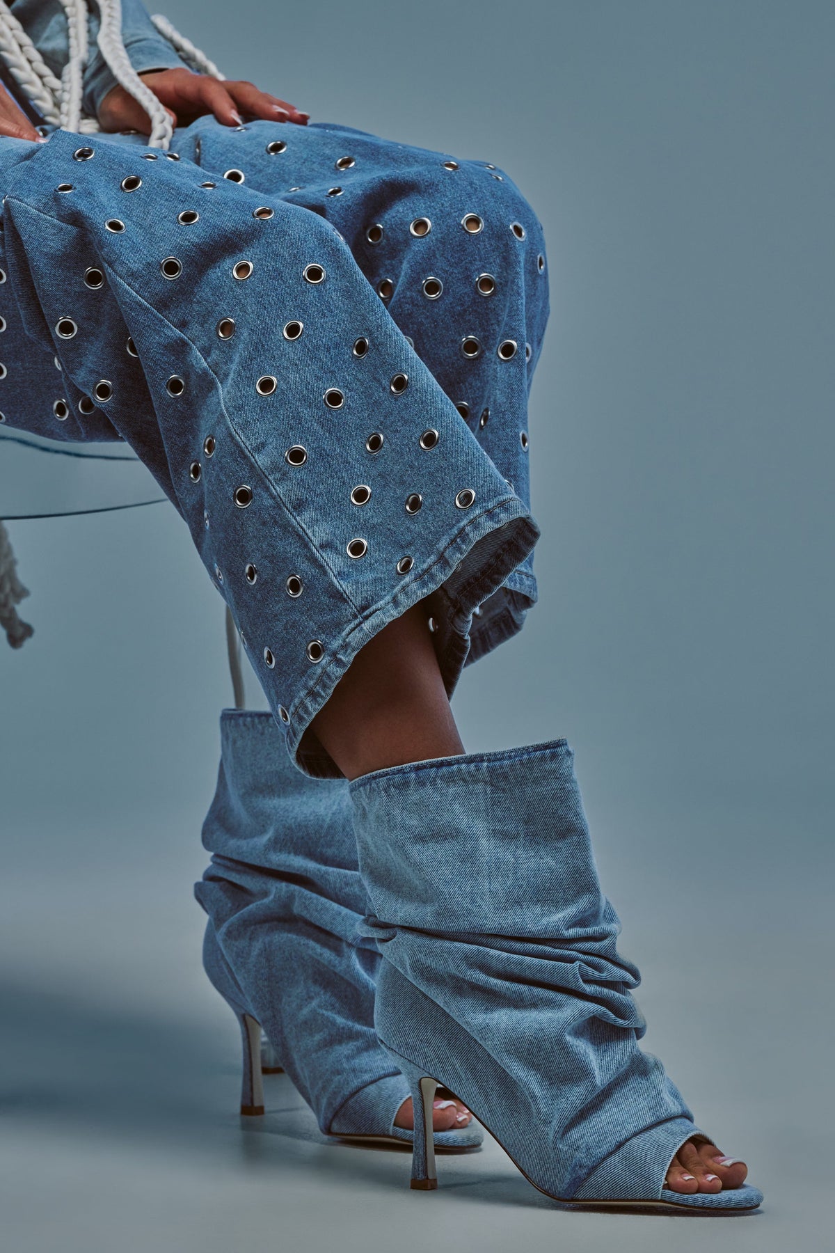 AZALEA WANG APEX DENIM RUCHED STILETTO BOOTIE