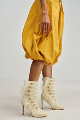AZALEA WANG BANSHEE IVORY MILITARY AND FEATHER STILETTO BOOTIE