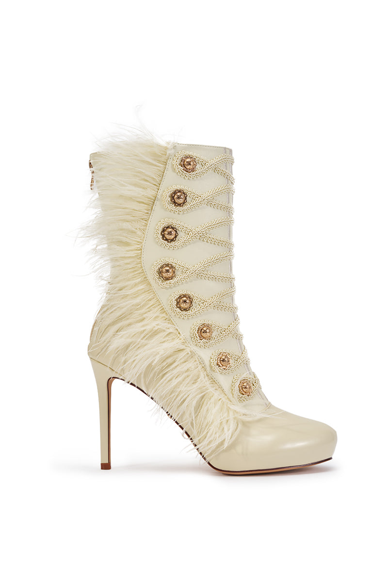AZALEA WANG BANSHEE IVORY MILITARY AND FEATHER STILETTO BOOTIE