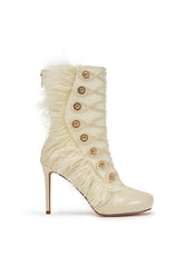 AZALEA WANG BANSHEE IVORY MILITARY AND FEATHER STILETTO BOOTIE