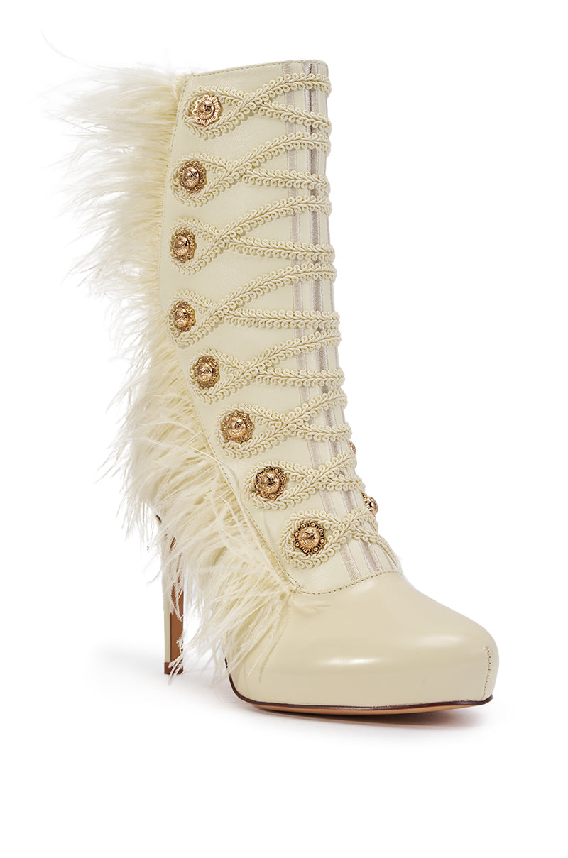 AZALEA WANG BANSHEE IVORY MILITARY AND FEATHER STILETTO BOOTIE