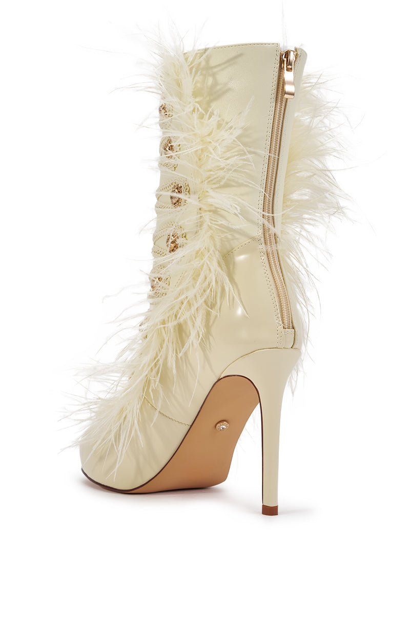 AZALEA WANG BANSHEE IVORY MILITARY AND FEATHER STILETTO BOOTIE