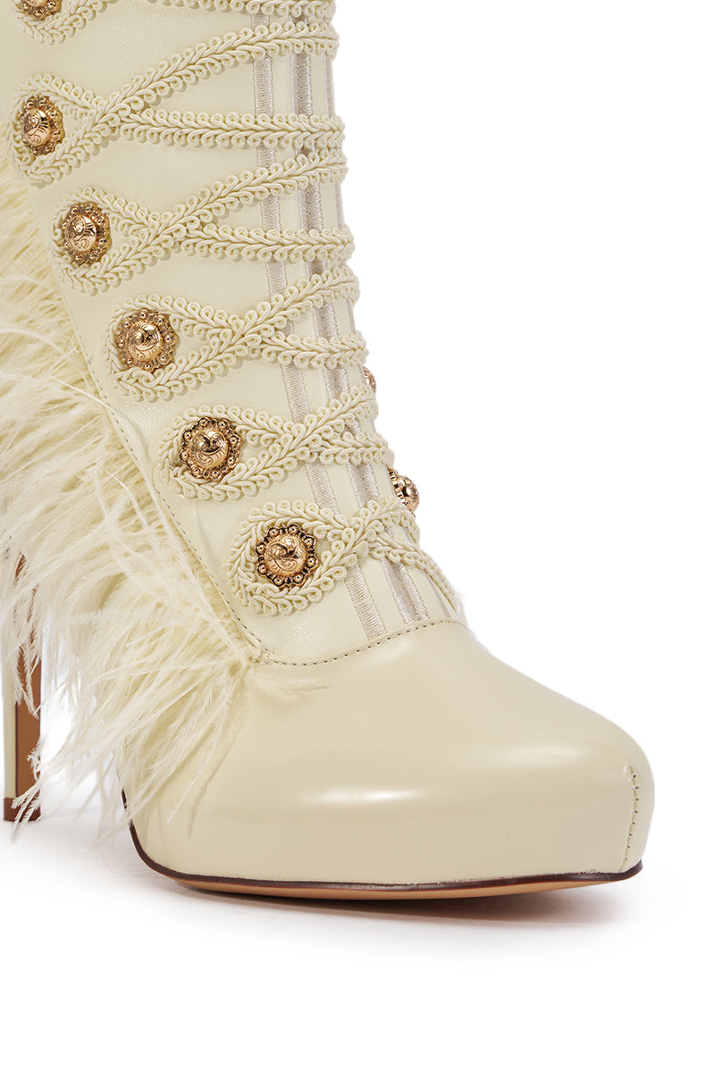 AZALEA WANG BANSHEE IVORY MILITARY AND FEATHER STILETTO BOOTIE