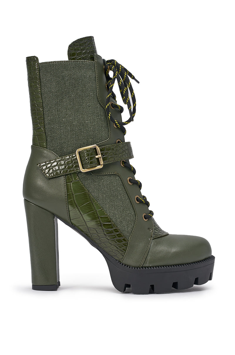AZALEA WANG BARREL GREEN PU LUG SOLE BOOTIE