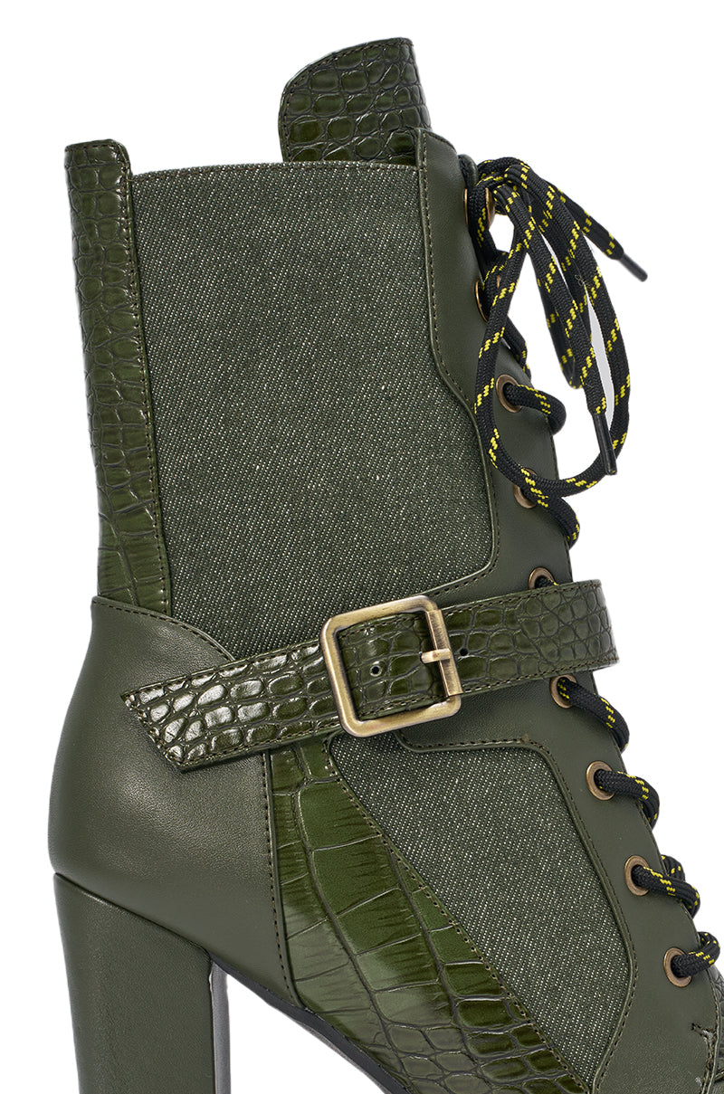 AZALEA WANG BARREL GREEN PU LUG SOLE BOOTIE