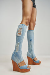 AZALEA WANG BET DENIM OPEN TOE WEDGE BOOT