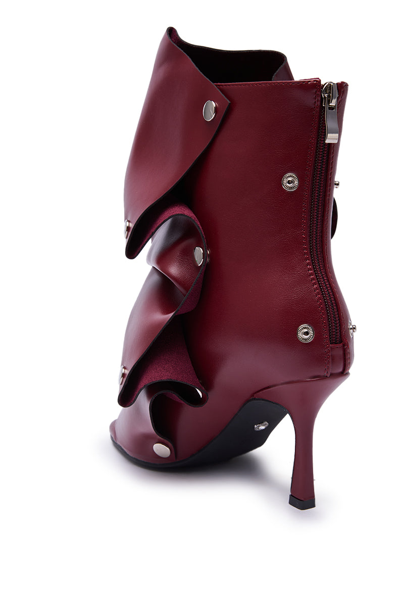 AZALEA WANG BIRDSONG BURGUNDY SNAP OPEN TOE STILETTO BOOTIE