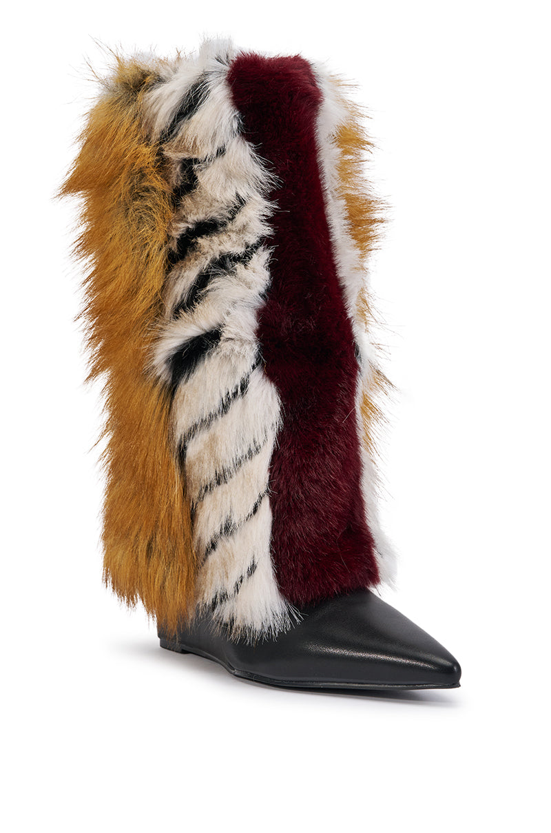 AZALEA WANG BRIASH BURGUNDY MULTI FUR WEDGE BOOTIE