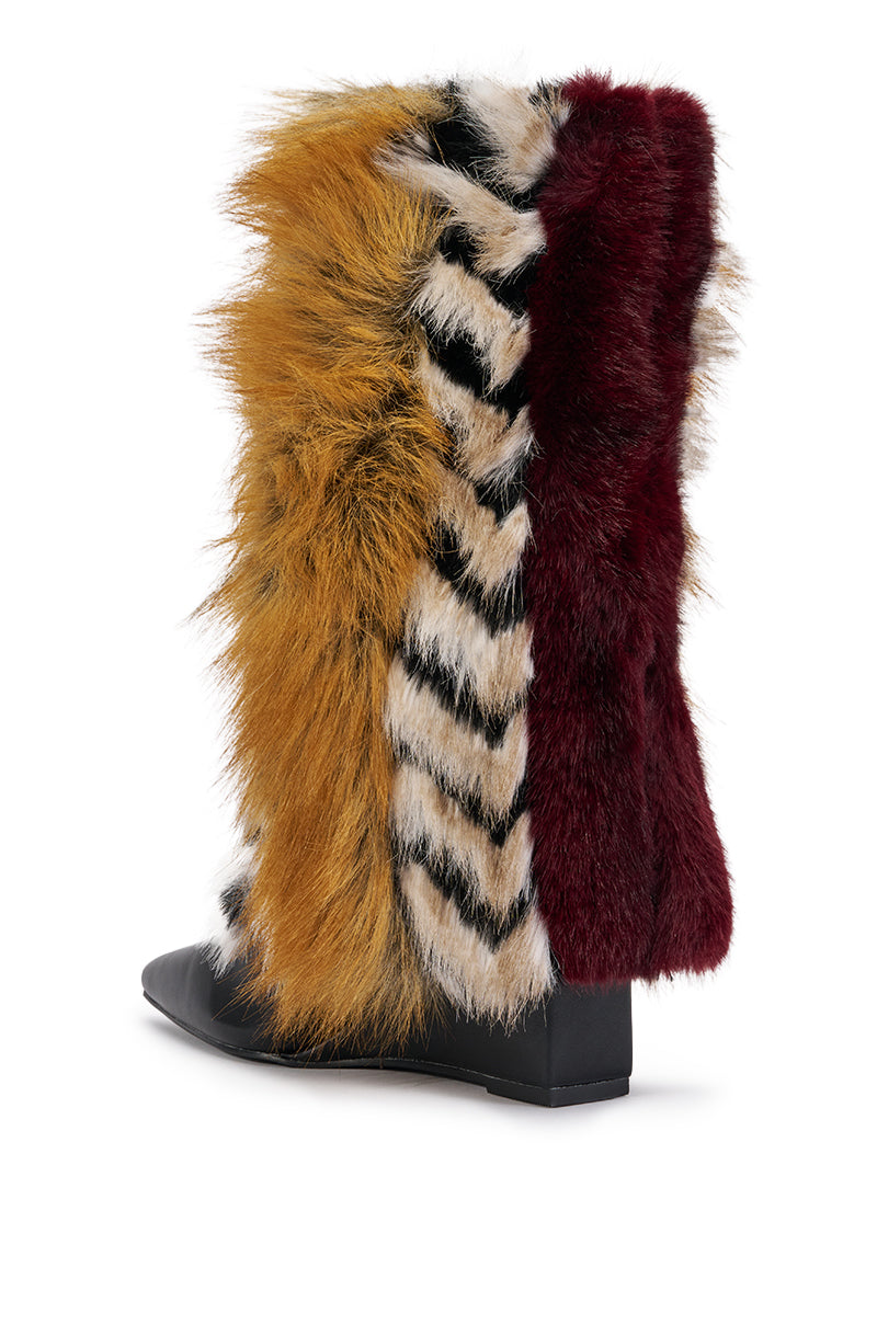 AZALEA WANG BRIASH BURGUNDY MULTI FUR WEDGE BOOTIE