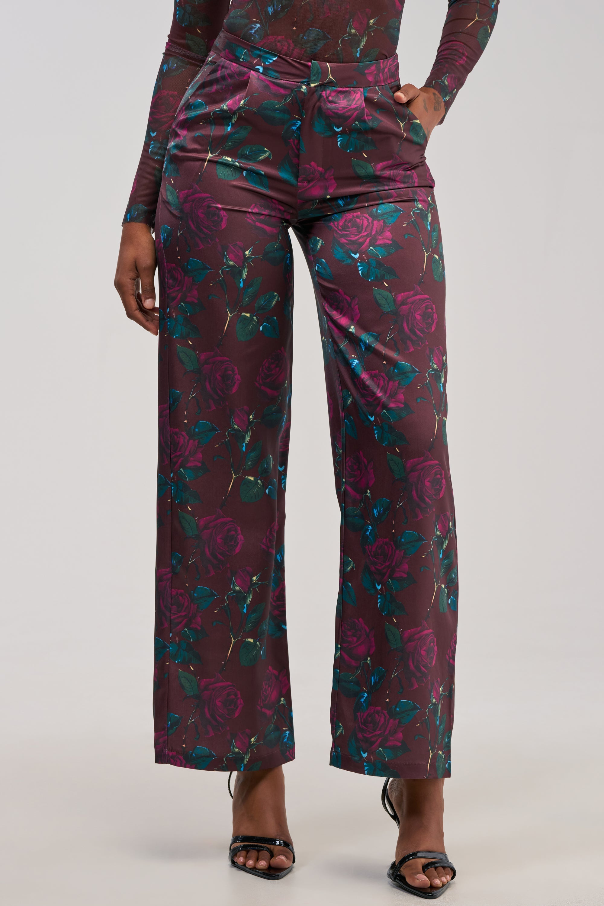 DOZEN ROSES SATIN PANT IN BURGUNDY