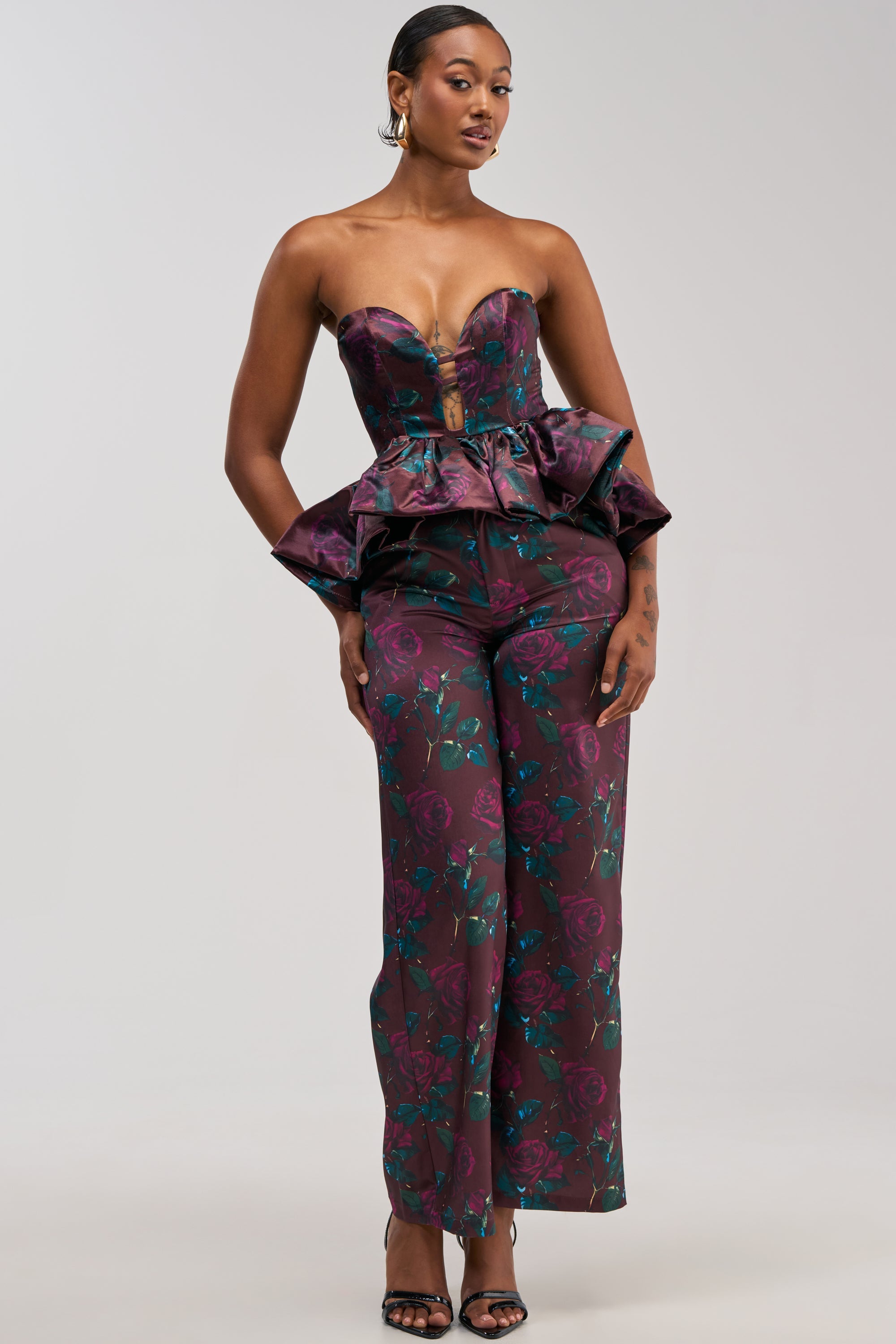 DOZEN ROSES SATIN PANT IN BURGUNDY