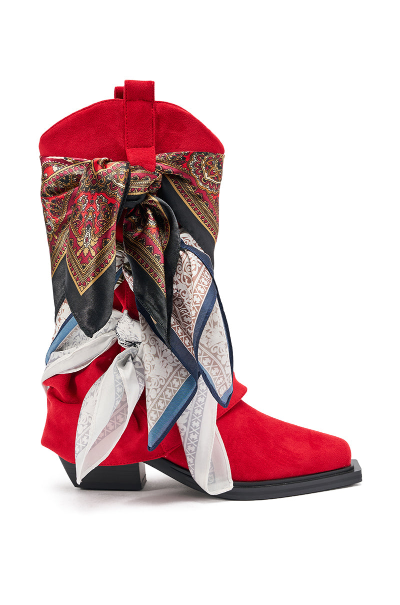 AZALEA WANG COBALT RED FAUX SUEDE SCARF EMBELLISHED WESTERN BOOTIE