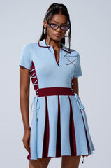 DREKE KNIT MINI DRESS IN BLUE AND BURGUNDY