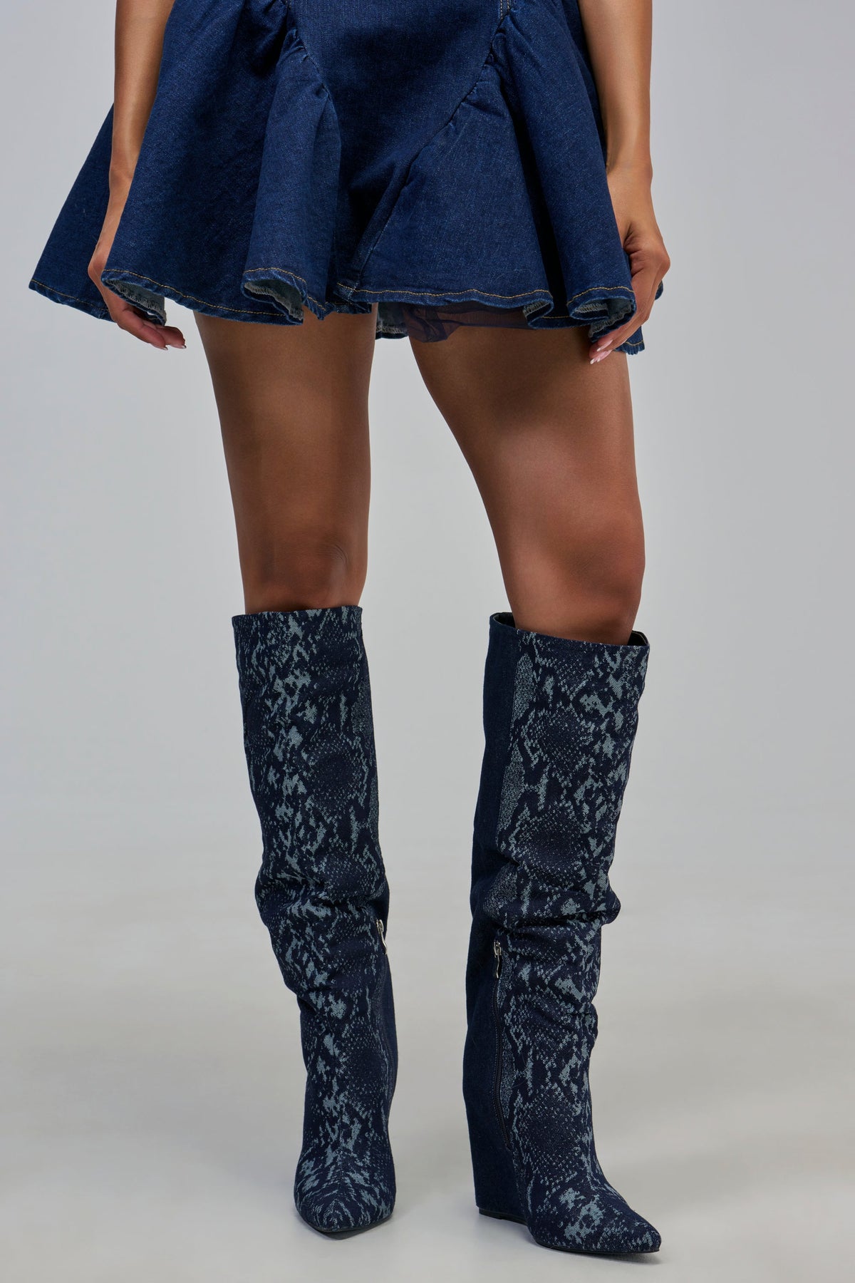 AZALEA WANG GIANNA DENIM WEDGE COLOR BLOCKED BOOT
