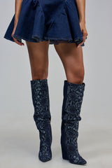 AZALEA WANG GIANNA DENIM WEDGE COLOR BLOCKED BOOT