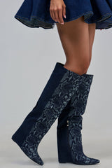 AZALEA WANG GIANNA DENIM WEDGE COLOR BLOCKED BOOT