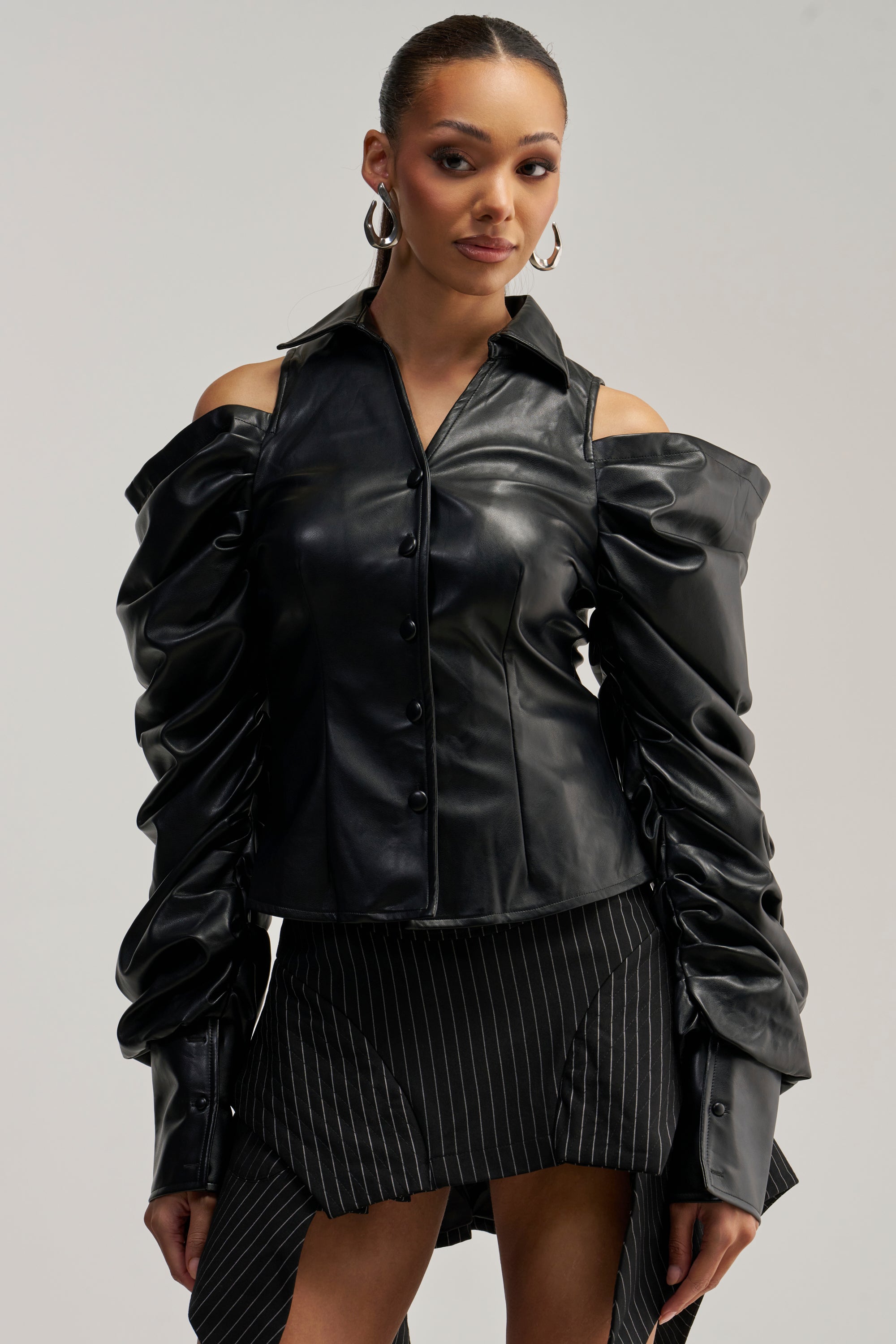 CRAZY IN LOVE BLACK FAUX LEATHER BUTTON DOWN BLOUSE