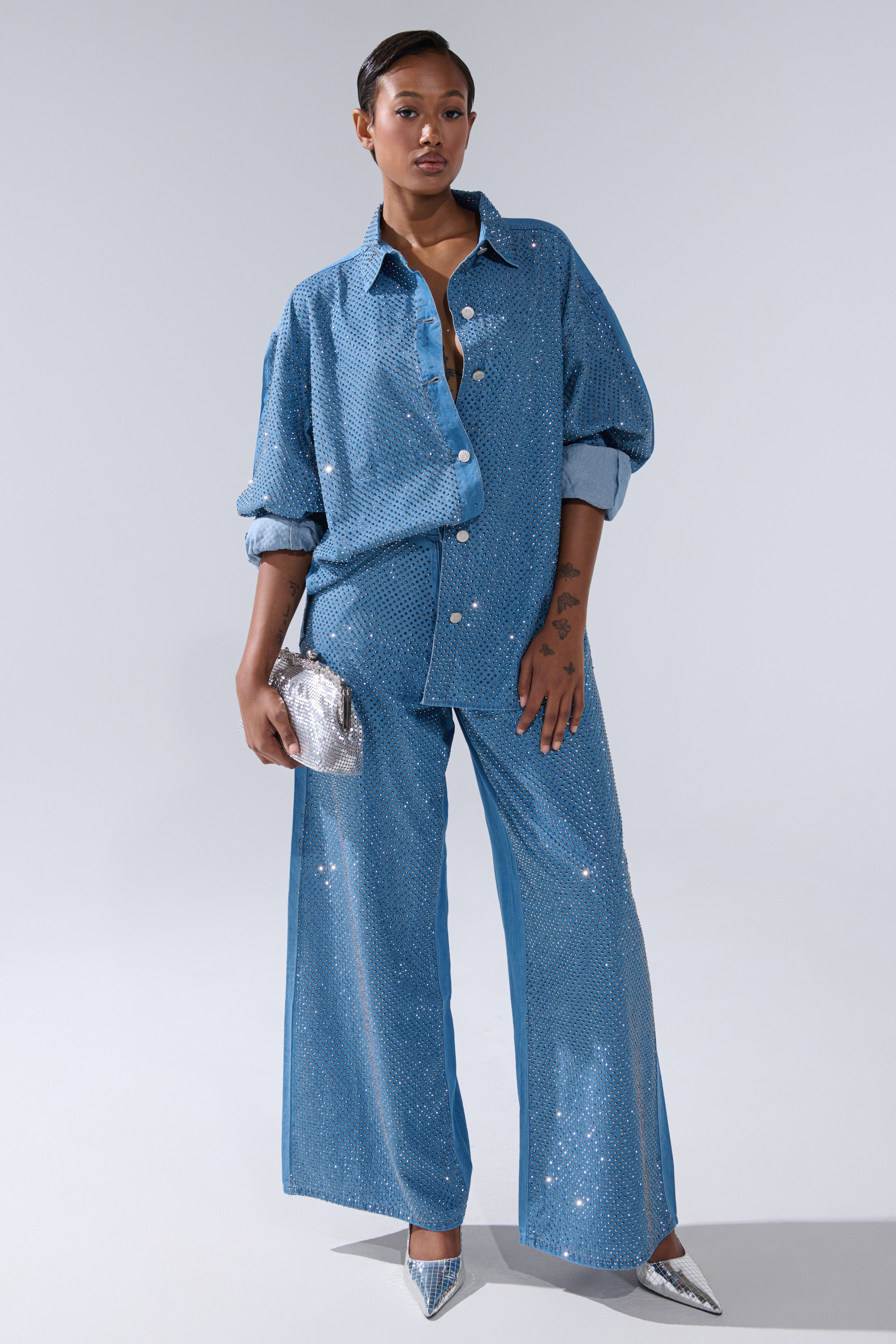 BLING BLING DENIM BUTTON DOWN TOP