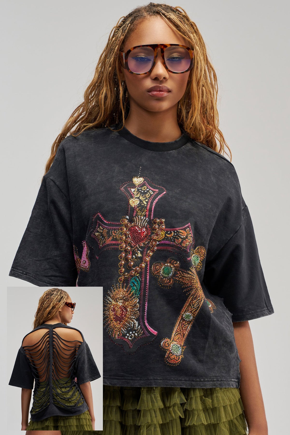 CROSS MY HEART RHINESTONE DISTRESSED TEE