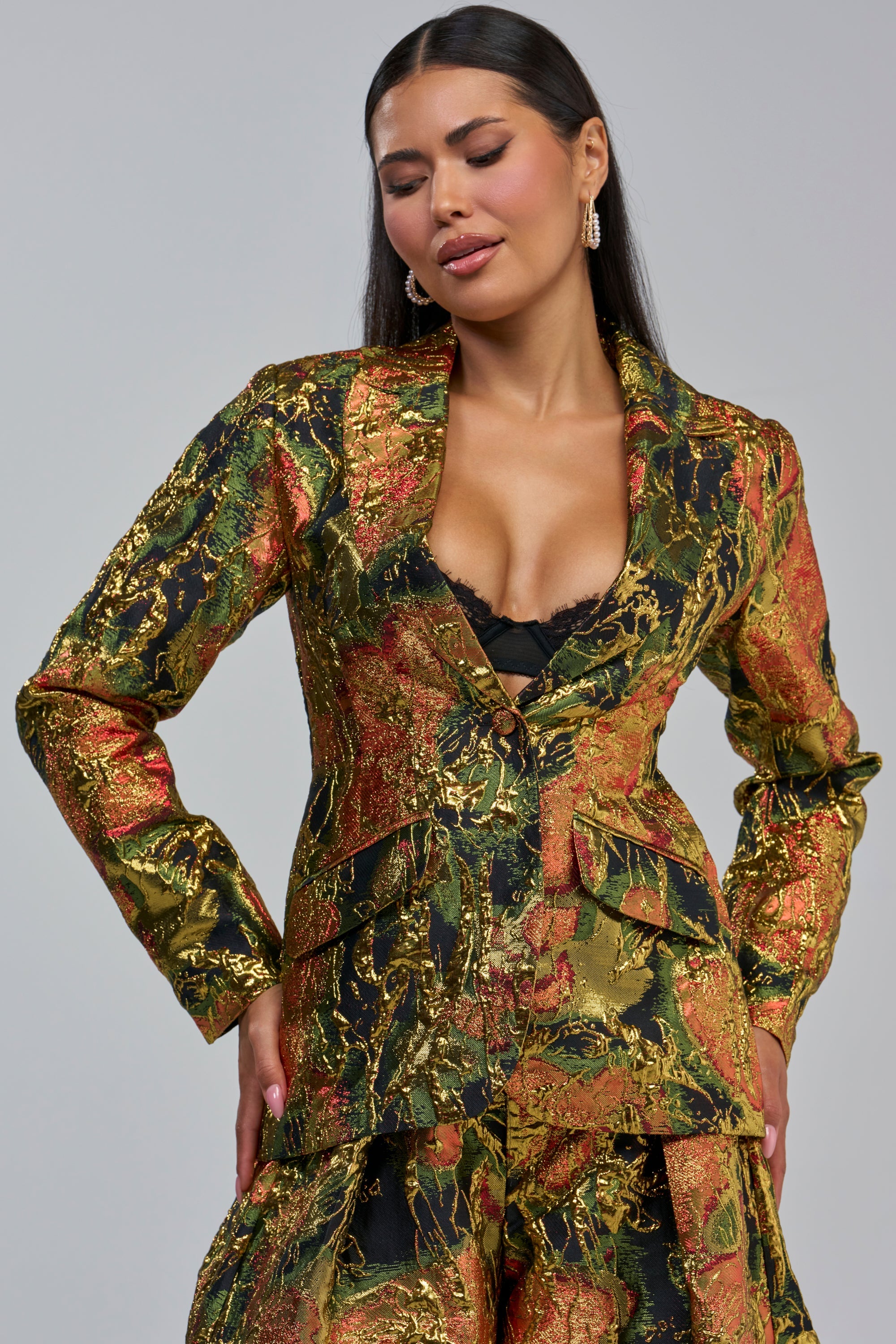 BUY MYSELF FLOWERS BROCADE BLAZER IN GOLD